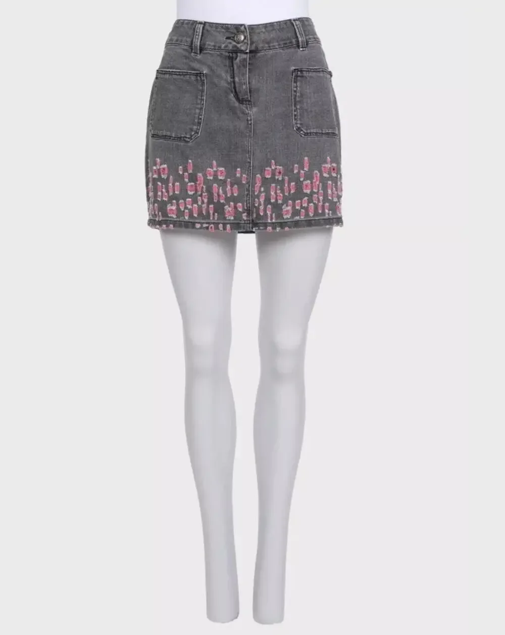 CHANEL Gray Distressed Denim Mini Skirt, FR 38